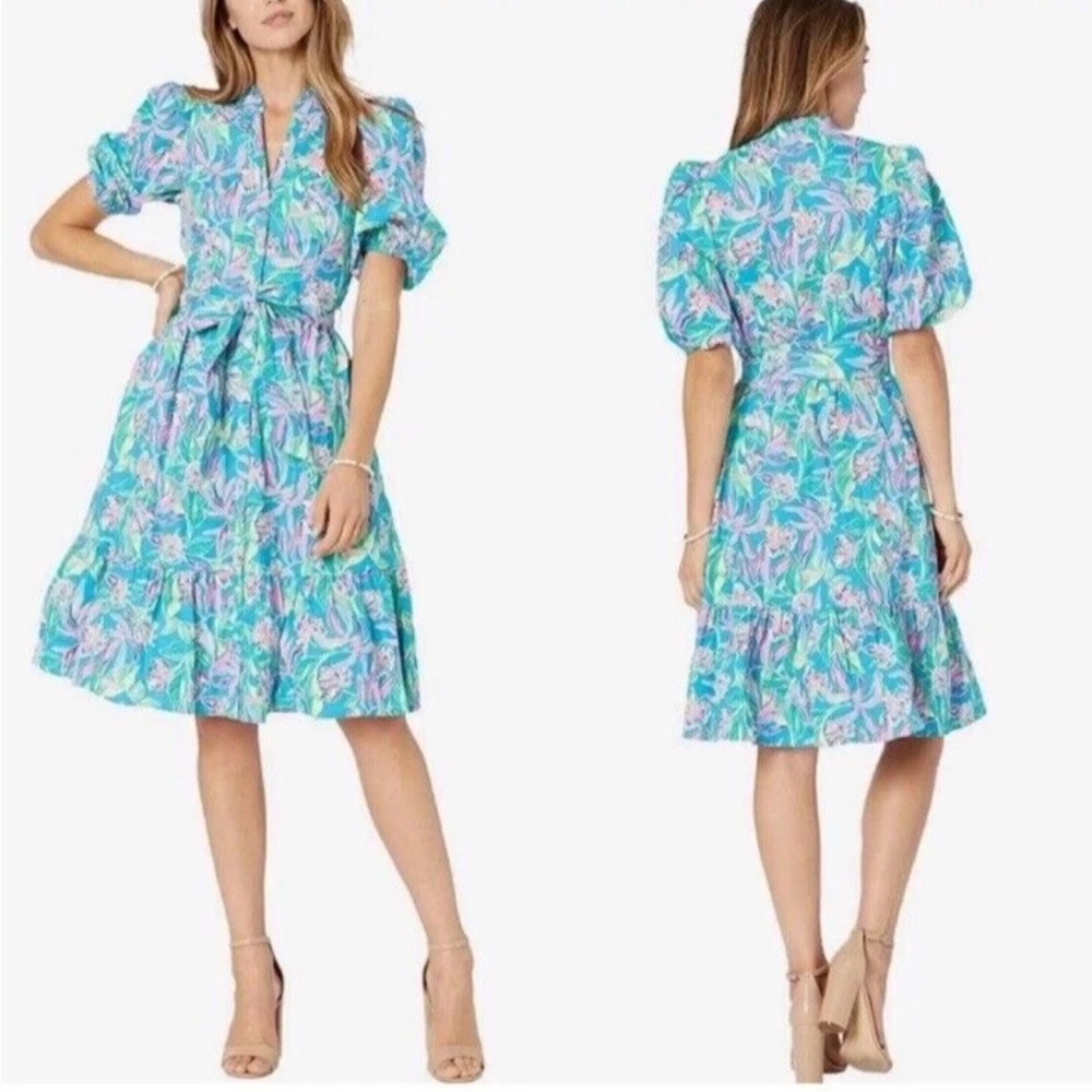Lilly Pulitzer Shona Knee Length Puff Sleeve Dress Keep Beleafing Women’s Size 8